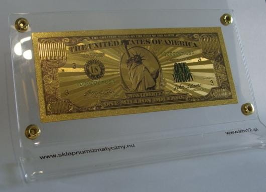 USA: Banknot złocony i kolorowany 1.000.000$ - MILION dolarów (ze stojakiem)
