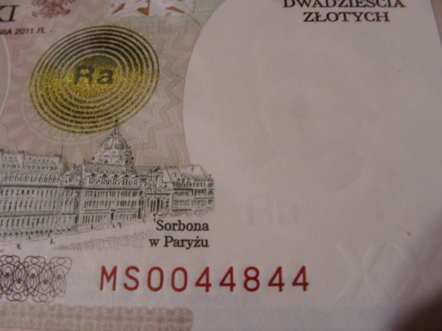 Ciekawy nr serii 20 zł / 2011 r. - Maria Skłodowska - Curie - MS 0044844