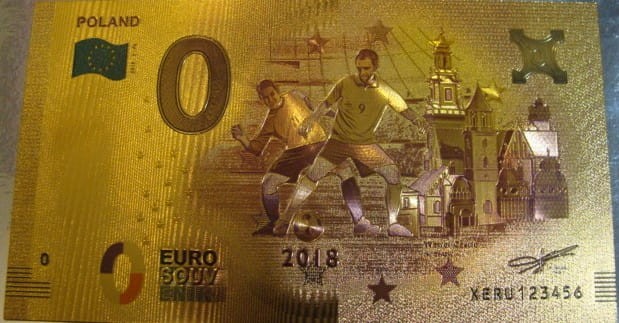 Banknot złocony: "0" - zero Euro / Polska