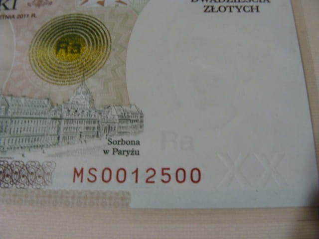 Ciekawy nr serii   20 zł / 2011 r. - Maria Skłodowska - Curie  - MS 0012500