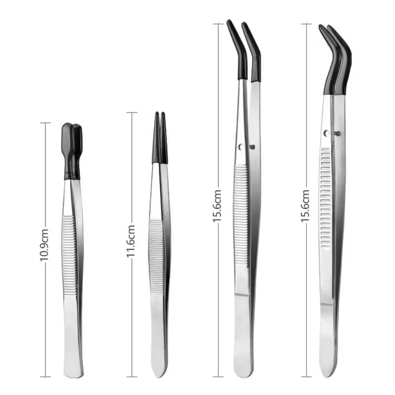 Zestaw czterech pęset do znaczków pocztowych, banknotów oraz monet z czarną gumą