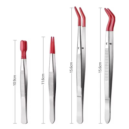 Zestaw czterech pęset do znaczków pocztowych, banknotów oraz monet z czerwoną gumą